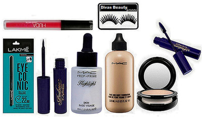 divas beauty Eyelashes ,Lakme Eyeconic Kajal , Mac Face And Body Foundation ,Two Way Compact, Padma Liner & Mascara, Highlight, Huda Beauty Lip Gloss(Set of 8)