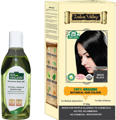 

Indus Valley Combo Pack of 100% Botanical Indus Black Hair Color (No Chemical) + 1 Hair Regrowth Oil (Bio Organic Growot Hair Oil)(Set of 2)