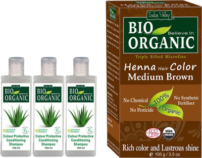 

Indus Valley Combo Pack of Bio Organic Medium Brown Henna Hair Color + 3 Set of Color Protection Shampoo(Set of 4)