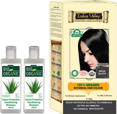 

Indus Valley Combo Pack of 100% Botanical Indus Black Hair Color (PPD free) + 2 Set of Color Protection Shampoo(Set of 3)