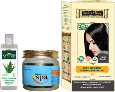 

Indus Valley Combo pack of 100% Botanical Indus Black Hair Color (PPD free) + 1 Hair Eaze Spa + 1 Color Protection Shampoo - 100 ml for Hairs / combo for Hairs(Set of 3)
