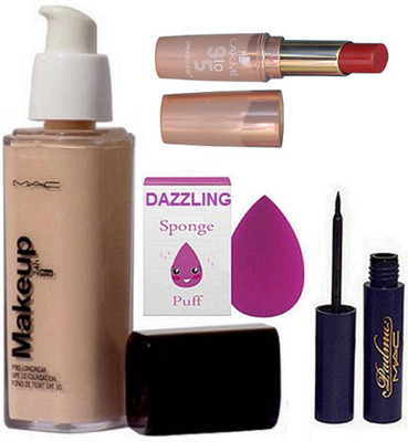 

Dazzling Sponge Puff & Makeup Pro Longwear Foundation & Padma Eyeliner & Lakme 9to5 crease-less Lipstick(Set of 4)
