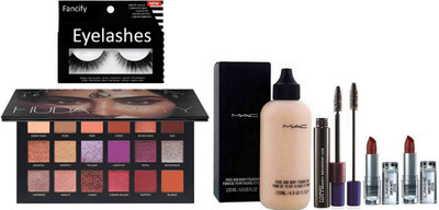 

Fancify Eyelashes, Face & Body Foundation, Haute & Naughty Mascara, Lakme Enrich Lipstick &Huda Beauty Palette(Set of 6)