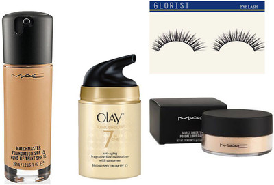 

glorist Eyelashes,Olay Total Effects 7 Anti Ageing cream and Mac loose powder(Set of 4)