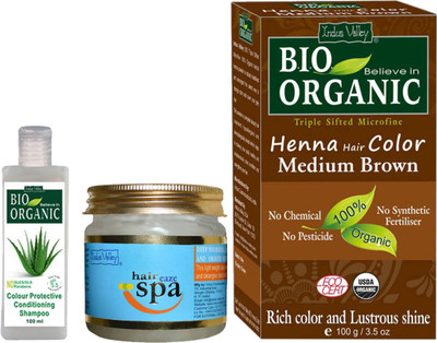 

Indus Valley Combo Pack of Bio Organic Medium Brown Henna Hair Color + 1 Hair Eaze Spa + 1 Color Protection Shampoo(Set of 3)