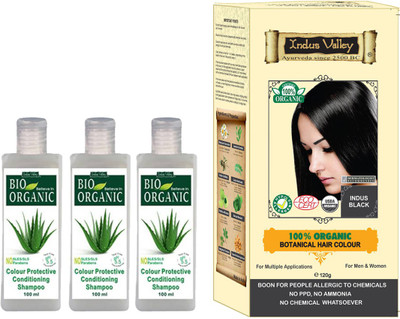 

Indus Valley Combo Pack of 100% Botanical Indus Black Hair Color (PPD free) + 3 Set of Color Protection Shampoo(Set of 4)