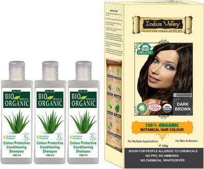 

Indus Valley Combo Pack of 100% Botanical Dark Brown Hair Color (PPD free) + 3 Set of Color Protection Shampoo(Set of 4)