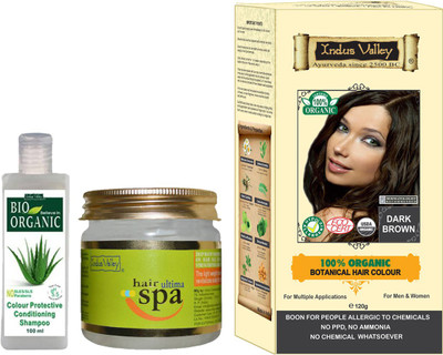 

Indus Valley Combo pack of 100% Botanical Dark Brown Hair Color + 1 Hair Ultima Spa + 1 Color Protection Shampoo - 100 ml for Hairs / combo for Hairs(Set of 3)