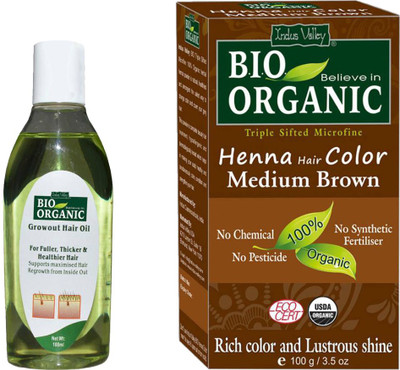 

Indus Valley Combo Pack of Bio Organic Medium Brown Henna Hair Color + 1 Hair Regrowth Oil (Bio Organic Growot Hair Oil)(Set of 2)