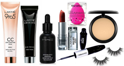 

marvalous sponge puff & eyelashes & mac hyper real foundation , compact, lakme absolute blur perfect primer , 9 to 5 cc color transform cream , enrich lipstick , color bar 2 in 1 eyeliner +mascara(Set of 8)