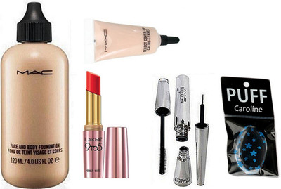 

caroline Silicon Puff, Face and body Foundation, Select cover-up Concealer, Eyeliner & Mascara & 9to5 primer matte lipstick(Set of 6)