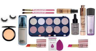 

Professional kit Sponge Puff ,Mac 10 Shades Concealer Palette,Matchmaster Foundation,Compact,Pro Longwear Concealer,Prep+Prime Face Primer,Highlight,Makeup Remover,Lakme 9 to 5 Lipstick(Pack Of 2),Eyelashes,Makeup Brush(Pack Of 2)(Set of 11)