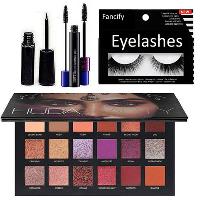 

Fancify Eyelashes, Huda Beauty Palette, Haute and Naughty Double Effect Mascara & Mac Liquid last Eyeliner(Set of 4)