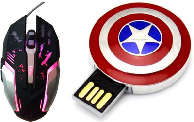 

DARK EDGE RM200 USB Gaming Mouse With Captain America Shield Model 16 GB USB Pen Drive Combo Set
