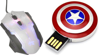 

DARK EDGE LJ806 USB Gaming Mouse With Captain America Shield Model 16 GB USB Pen Drive Combo Set