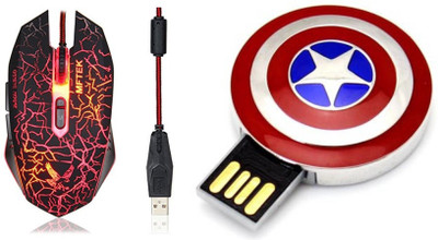 

DARK EDGE XM508 USB Gaming Mouse With Captain America Shield Model 16 GB USB Pen Drive Combo Set