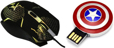 

DARK EDGE XM505 USB Gaming Mouse With Captain America Shield Model 16 GB USB Pen Drive Combo Set