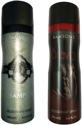 

RAMSONS BRAVO DEODORANT SPRAY 200ML+CHAMPION DEODORANT SPRAY 200M Deodorant Spray - For Men(200 ml, Pack of 2)