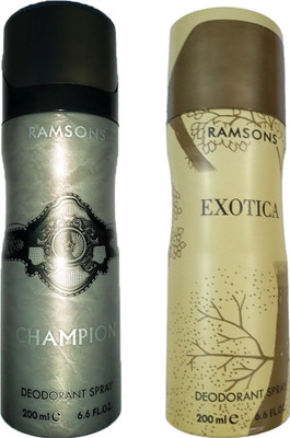 

RAMSONS EXOTICA DEODORANT SPRAY 200ML+CHAMPION DEODORANT SPRAY 200M Deodorant Spray - For Men(200 ml, Pack of 2)