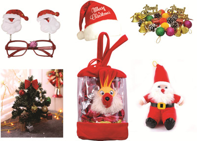 

Skylofts 15pcs Chocolate Pouch Christmas Gift , Santa Soft Toy, Goggles, 1 feet Christmas Tree & 12pc Decorations , Santa Claus Hat Combo(130gms)