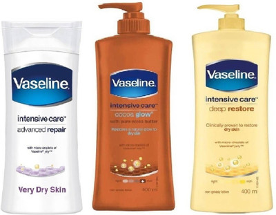 

Vseline Cocoa Glow with Deep Restore and advanced Repair body lotion 400 ml +400ml + 300ml(1100 ml)