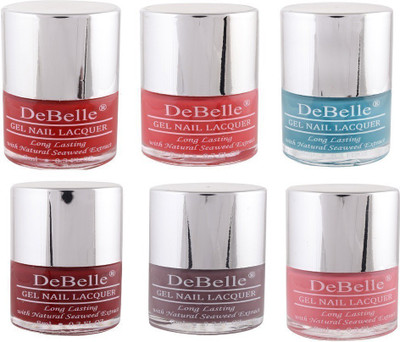 

DeBelle Gel Nail Lacquer 8 ml each Combo of 6 (Red, Coral Orange,Turquoise blue ,Maroon,Mauve& Baby Pink) French Affair, Princess Belle,Royale Cocktail ,Moulin Rouge,Majestique Mauve, Bebe Kiss(Pack of 6)
