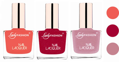 

Lady Fashion Glossy & Long Stay Nail Polish combo Light Orange,Bright Pink,Silky Purple(Pack of 3)
