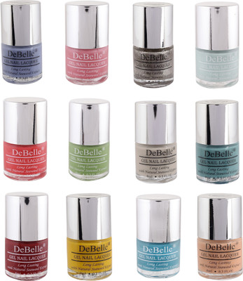 

DeBelle Gel Nail Lacquer 8 ml each Kit of 12 (Purple,Pink,Glitter,Mint Blue,Coral Orange,Pastel Green,Nude,Teal Green,Maroon,Yellow,Turquoise Blue,Peach) Blueberry Bliss, Miss Bliss, Sparkling Dust, Mint Amour, Princess Belle', Mystique Green, Natural Blu