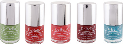 

DeBelle Gel Nail Lacquer 8 ml each Kit of 5 (Pastel Green, Red, Coral Orange, Maroon, Turquoise Blue) Mystique Green, French Affair, Princess Belle, Moulin Rouge, Royale' Cocktail(Pack of 5)