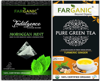 

FARGANIC Combo of Moroccan Mint Green Tea 15 Tea Bags with Turmeric Ginger Green Tea 25 Tea Bags- 100% Certified Organic Turmeric, Mint, Marigold, Ginger Green Tea Bags(40 Bags, Box)
