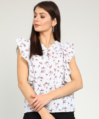 Tokyo Talkies Casual Butterfly Sleeve Printed Women Light Blue Top