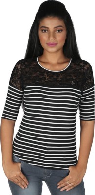 mont eve Casual Regular Sleeve Striped Women White, Black Top