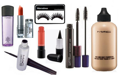 

marvalous eyelashes,mac face and body foundation, liquid eyeliner & double effect mascara , stick kajal, liptensity lipstick , enrich lipstick with pro long wear remover(Set of 8)