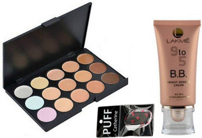 

catherine silicon puff with 15 shade concealer palette of mac with lakme 9to5 BB cream(Set of 3)