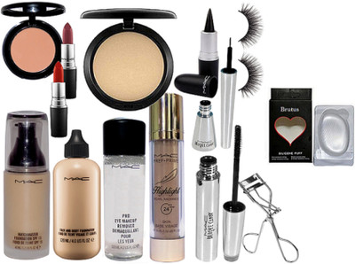 

BRUTUS Silicone Puff, Mac MatchMaster, Face And Body Foundation, Lipstick 2, Blusher, Compact, Kajal, Mascara & Eyeliner, Prep+Prime Highlighter, Curler, Eye Makeup Remover, Eyelashes(Set of 14)