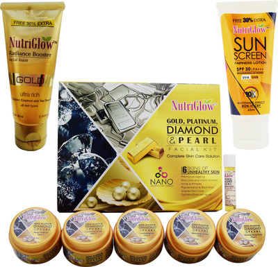 

NutriGlow Skin care combo of Gold, Platinum,Diamond, Pearl facial kit and Gold Face wash with Sunscreen(Set of 1)