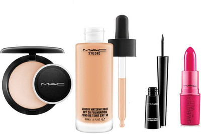 

Exclusive Eyelashes, Studio Water weight Foundation & MAc Compact & GiambattistA Lipstick & Mac Eyeliner(Set of 5)
