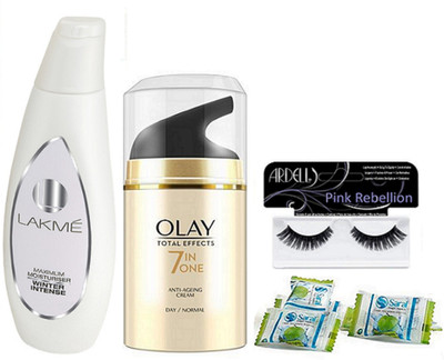 Pink Rebellion Eyelashes & Olay Anti Ageing Day Cream & Lakme Moisturiser Winter Intense Lotion & Magic Napkin 3(Set of 6)