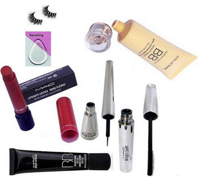 

ravishing Silicon Puff, Eyelashes, Mac prep+ primer BB & color bar BB foundation & Liptensity lipstick & Brooke candy eyeliner & mascara(Set of 7)