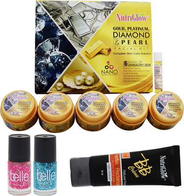 

NutriGlow Combo of BB Cream with Gold, Platinum,Diamond, Pearl facial kit and 2 Nail Piants(Set of 1)
