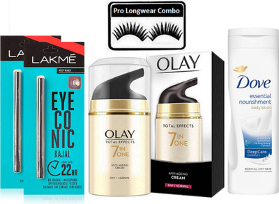 

Pro Longwear combo Eyelashes, Eyeconic Deep black Kajal(pack of 2),O Total Effect 7 In 1 Day Cream,Dove Essential Nourishment Body Lotion(set of 5)(Set of 5)