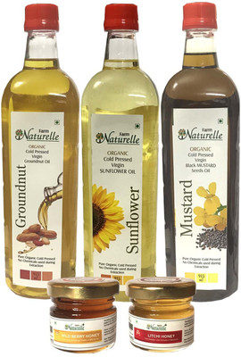 

Farm Naturelle Monthly Healthy Oil Pack-3 varieties of Organic Cold pressed Virgin (Kachi Ghani) Mustard Oil, Groundnut Oil (Peanut) & Sunflower Oil (915ML X 3) + 2x40 Gms Raw forest flower honey of 2 varieties Combo(2745)