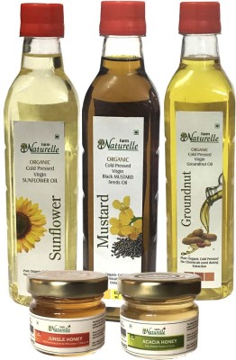 Farm Naturelle 3 Oils Organic Cold Pressed Virgin (Kachi Ghani) Mustard Oil, Groundnut Oil (Peanut Oil), Sunflower Oil (Sun Flower Oil),(415ml x 3) with 2x40 GMS Raw Forest Honey Varieties Combo(1245)