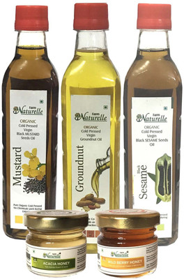 

Farm Naturelle Organic Virgin Cold Pressed Oil, Mustard, Groundnut n Black Sesame Seed, 415 ml (Pack of 3) with Raw Forest Honey Varietie,( 40 gm x 2) Combo(1245)