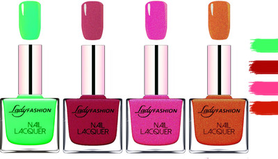 

Lady fashion Extra Shine Extra Long Stay Chip Resistant Nail Polish Light Green,Maroon,Mettalic Pink,Copper(Pack of 4)