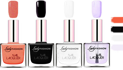

Lady Fashion Extra Shine Extra Long Stay Chip Resistant Nail Polish Orange Silk,Black,White,Top Coat(Pack of 4)
