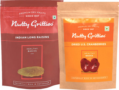 

Nutty Gritties Indian Long Raisins and Dried US Cranberries Combo(223 GMS each) Raisins, Cranberries(446 g, Pouch)