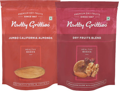 

Nutty Gritties Jumbo California Almonds and Dry Fruits Blend Combo(223 GMS each) Almonds, Assorted Fruits & Nuts(446 g, Pouch)