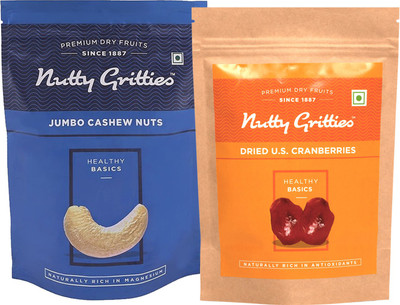 

Nutty Gritties Jumbo Cashew Nuts and Dried US Cranberries Combo(223 GMS each) Cashews, Cranberries(446 g, Pouch)
