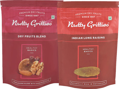 

Nutty Gritties Dry Fruits Blend and Raisins Combo(223 GMS each) Raisins, Assorted Fruits & Nuts(446 g, Pouch)